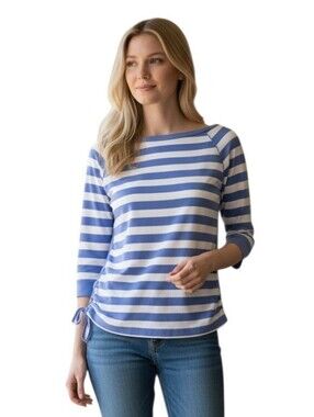 LRL Preppy Nautical Periwinkle Blue White Stripe 3/4 Sleeve Boatneck Shirt small
